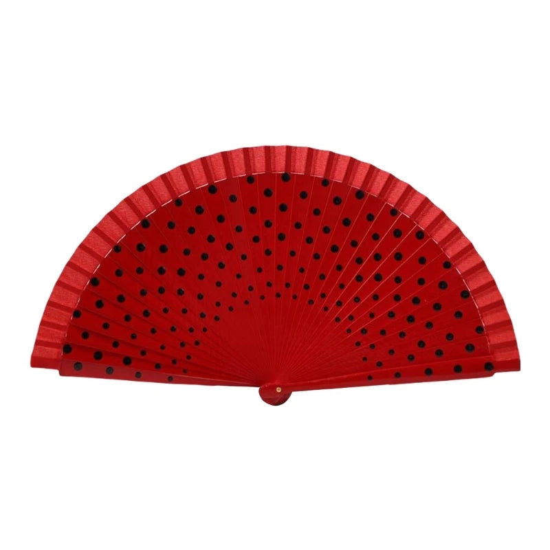 Flamenco Spanish Wood Folding Fan Dots Pattern Modern Classical Vintage Wood Hand Fan for Dance Perfornamnces Party