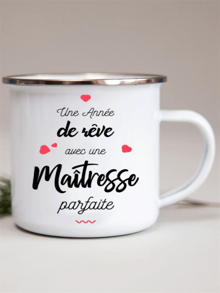 French Flower Printed Enamel Mugs Creative Coffee Mug Milk Wine Beer Drink Juice Cup School Home Handle Drinkware Teacher Gifts