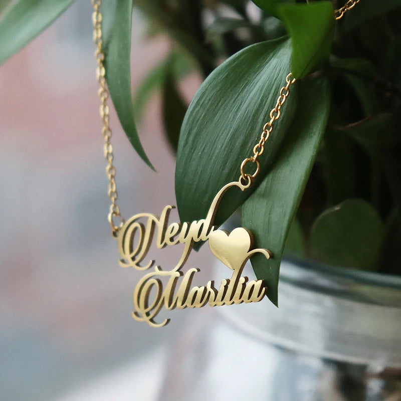 Custom Two Names Necklace with Heart Stainless Steel Couple Choker Personalized Jewelry Mother's Day Gift Women's Necklace Gift