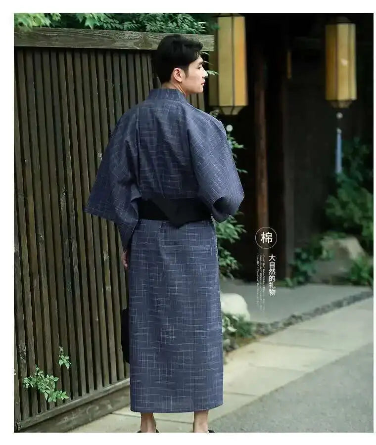Traditional Japanese KIMONO Fashion YUKATA Summer Men Long Robes With Belt 95% Cotton Pajamas Set Male Sleepwear Bathrobe