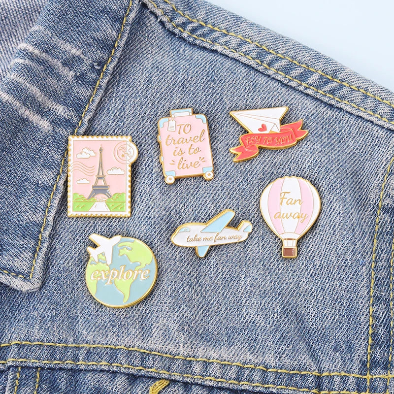 Traveling Quote Enamel Pin World Eiffel Tower Suitcase Brooches Clothes Badge Lapel Jewelry Gifts For Traveling Friend Wholesale
