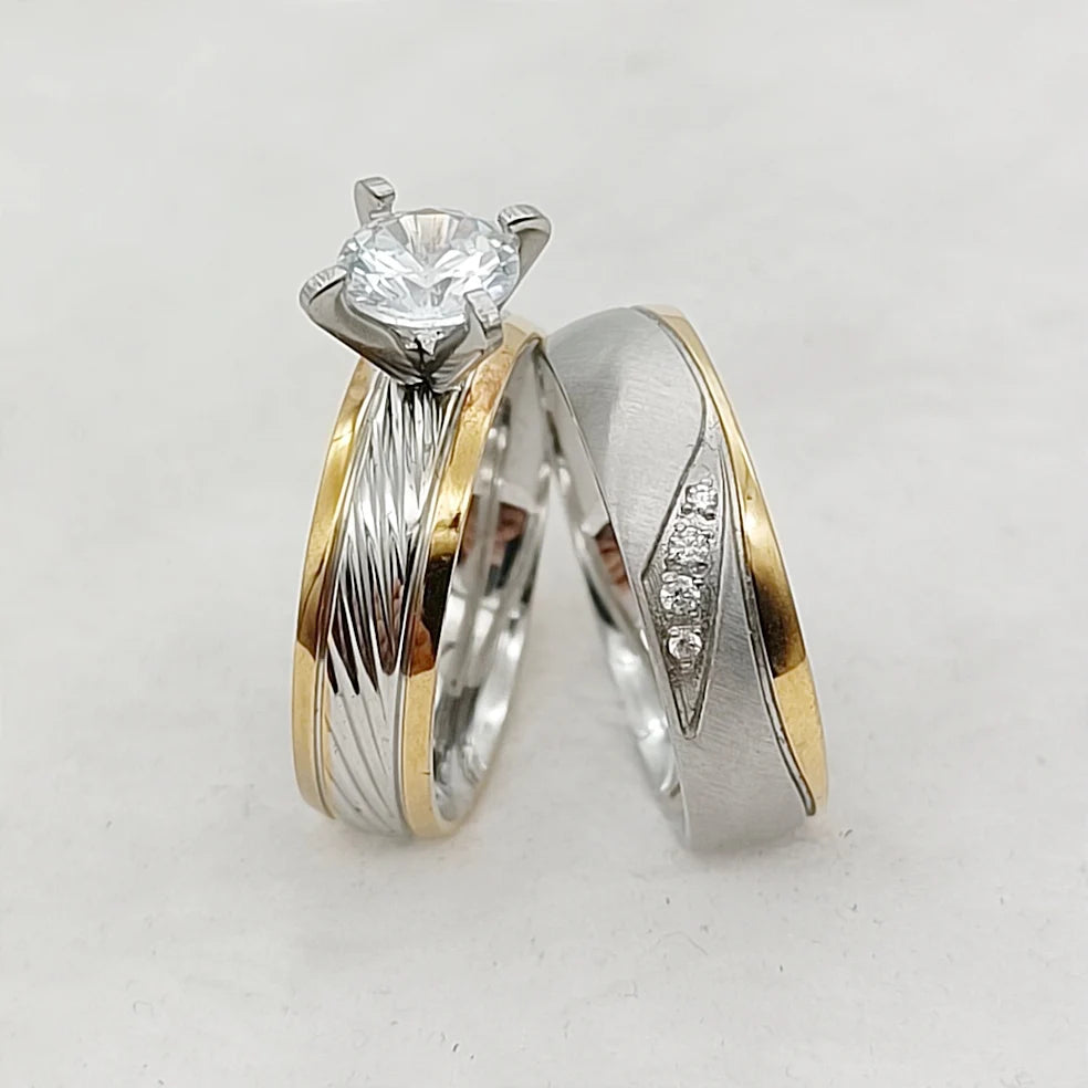 24k Gold Filled 316L Stainless Steel Jewelry Cz Diamond Wedding Rings Sets for Women Girls Ladies Engagement Statement Gifts