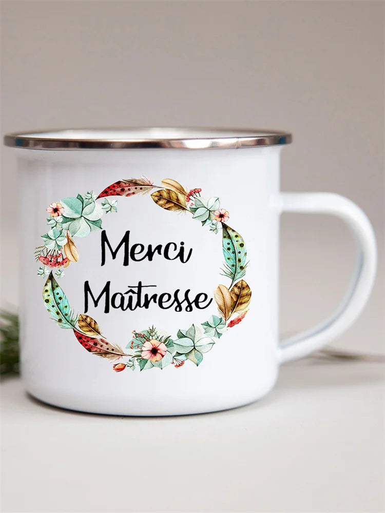 French Flower Printed Enamel Mugs Creative Coffee Mug Milk Wine Beer Drink Juice Cup School Home Handle Drinkware Teacher Gifts