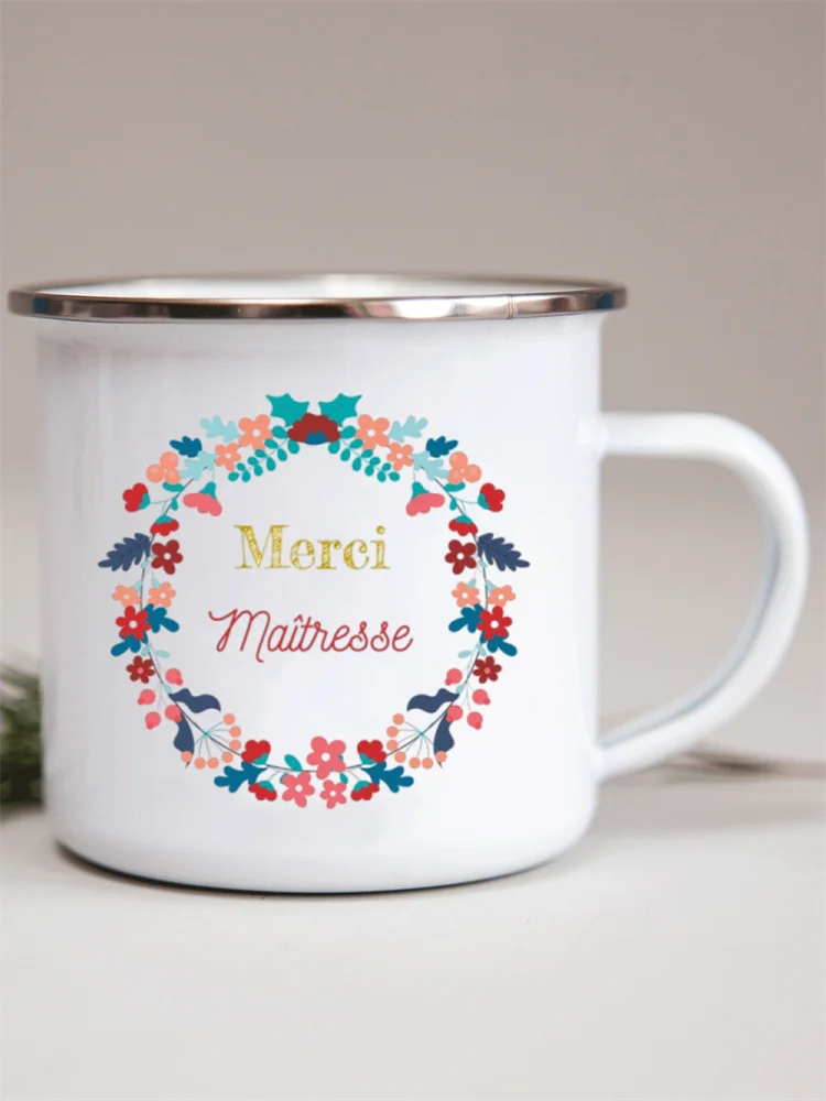 French Flower Printed Enamel Mugs Creative Coffee Mug Milk Wine Beer Drink Juice Cup School Home Handle Drinkware Teacher Gifts