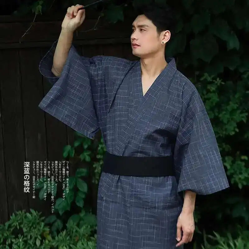 Traditional Japanese KIMONO Fashion YUKATA Summer Men Long Robes With Belt 95% Cotton Pajamas Set Male Sleepwear Bathrobe