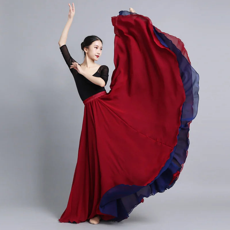 Flamenco Chiffon Dance Skirt for Women 720 Degrees Solid Color Long Skirts Dancer Practice Wear Chinese Style Skirt with Big Hem