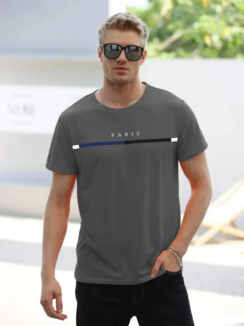 Paris Theme Pattern Print Men's Comfortable Cotton T-shirt, Pattern T-shirt Men's Summer Wear, Men's Clothing