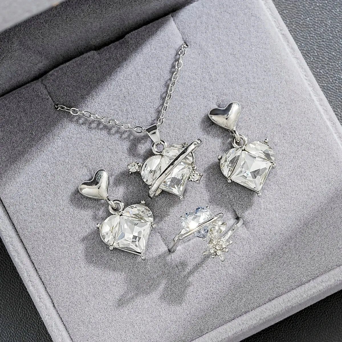 4 Pieces Love Pink Diamond Sweet Earrings Necklaces And Rings Jewelry Set Lightweight And Versatile For Women Mother's Day Gifts
