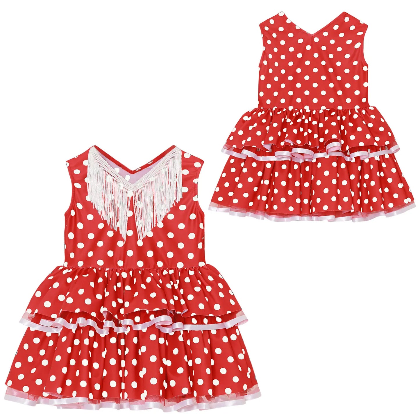 Baby Girls Cute Flamenco Dance Costume V-neck Sleeveless Tassel Polka Dot Mesh Layered Cake Dress for Dance Party Performance