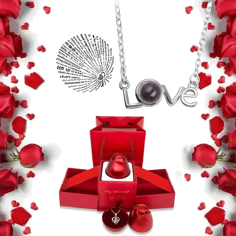 I Love You Necklace With Rose Gifts Box 100 Languages Projection Pendant Jewelry For Girlfriend 2023 New In Romantic Accessories
