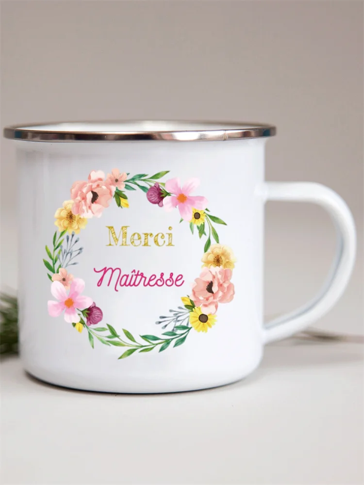 French Flower Printed Enamel Mugs Creative Coffee Mug Milk Wine Beer Drink Juice Cup School Home Handle Drinkware Teacher Gifts