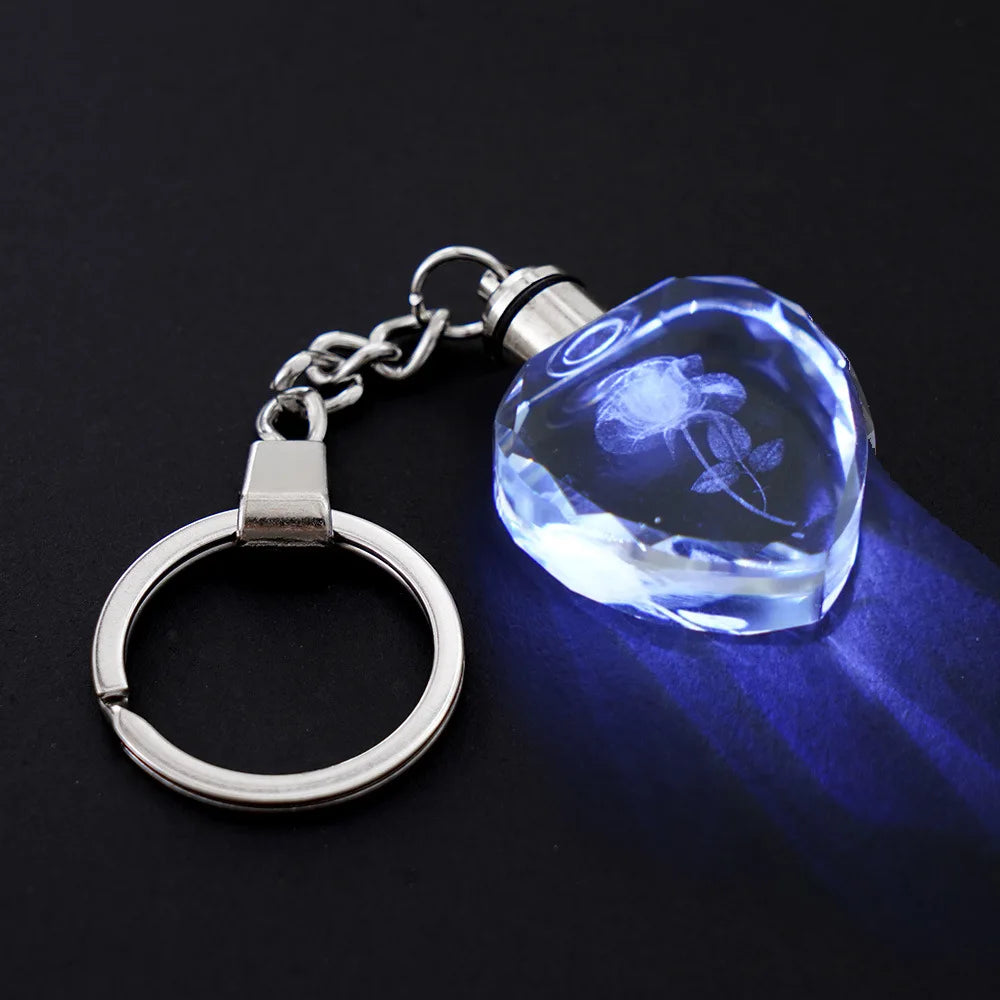 Fashion Colorful Fairy Rose Flower Pattern Love Shape Crystal Rhinestone LED Light keychain Lover Key Chain Keyring Jewelry