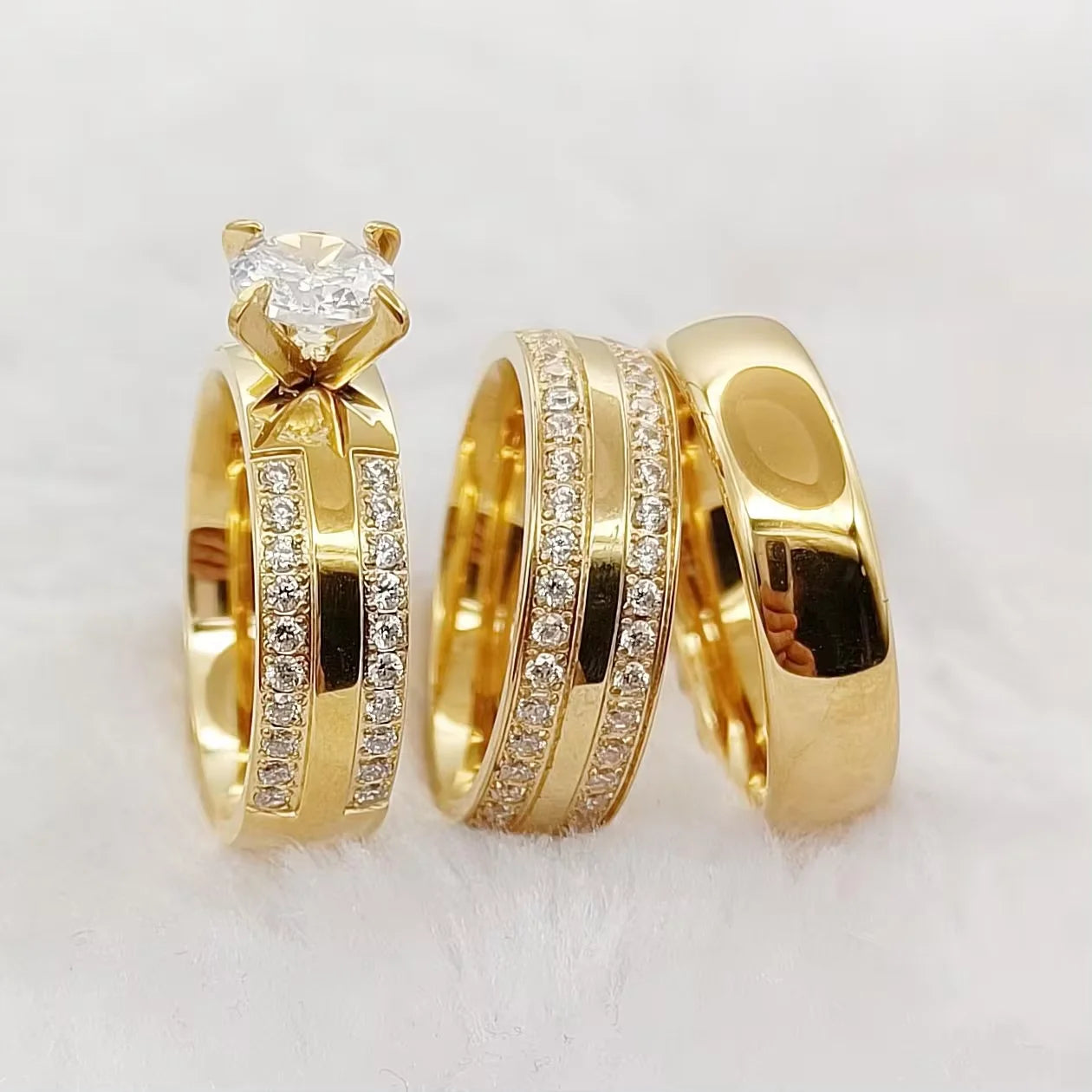 Wedding Rings Sets For Men And Women 3pcs Unique Designer Hammered 24k Gold Plated Jewelry cz Diamond Couples Engagement Ring