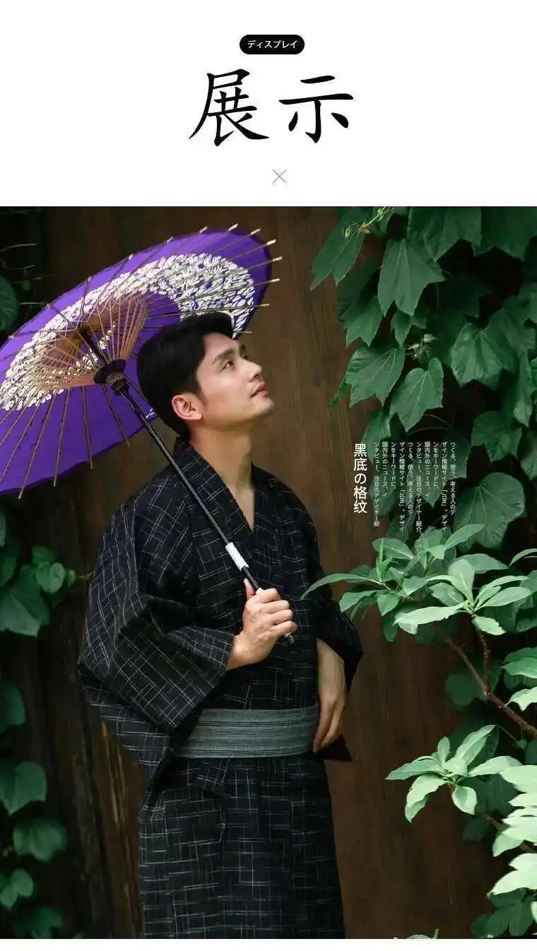 Traditional Japanese KIMONO Fashion YUKATA Summer Men Long Robes With Belt 95% Cotton Pajamas Set Male Sleepwear Bathrobe