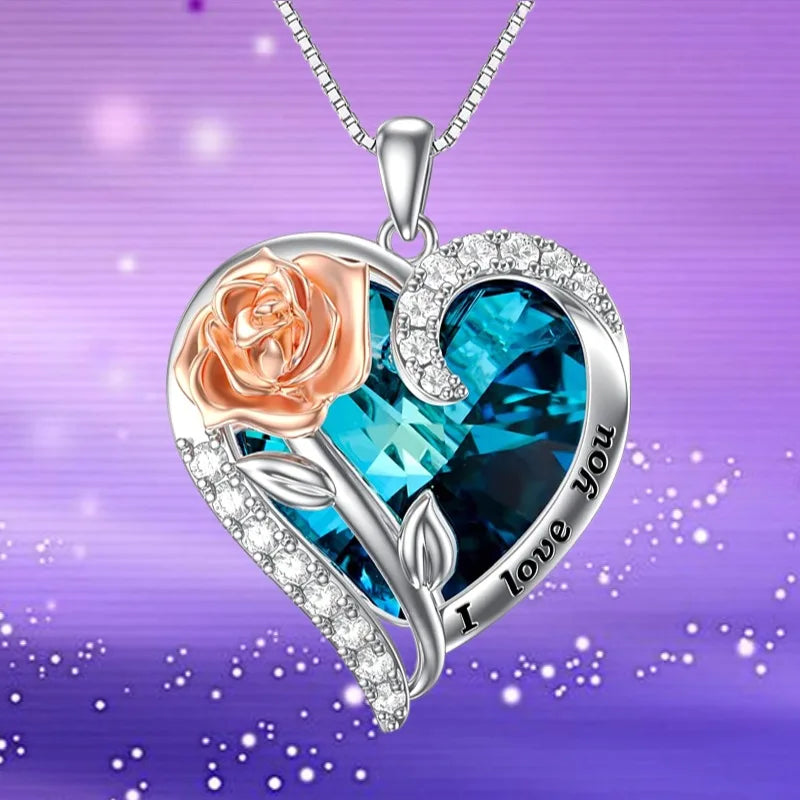 Fashion "I Love You" Rose Flower Pendant Necklace Ladies Heart Crystal Jewelry Anniversary Birthday Gift Mom Wife Girlfriend