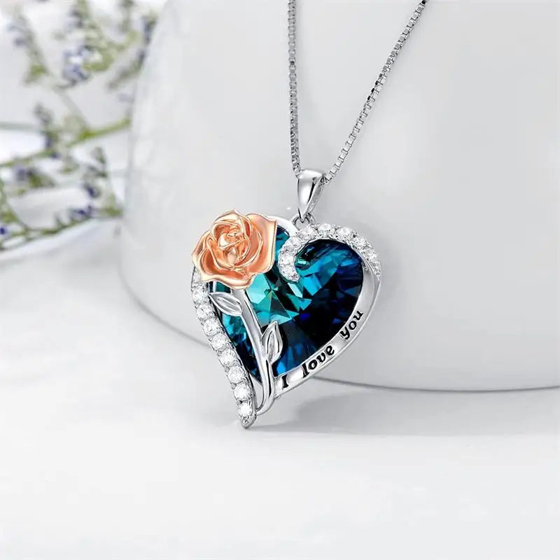 Fashion "I Love You" Rose Flower Pendant Necklace Ladies Heart Crystal Jewelry Anniversary Birthday Gift Mom Wife Girlfriend