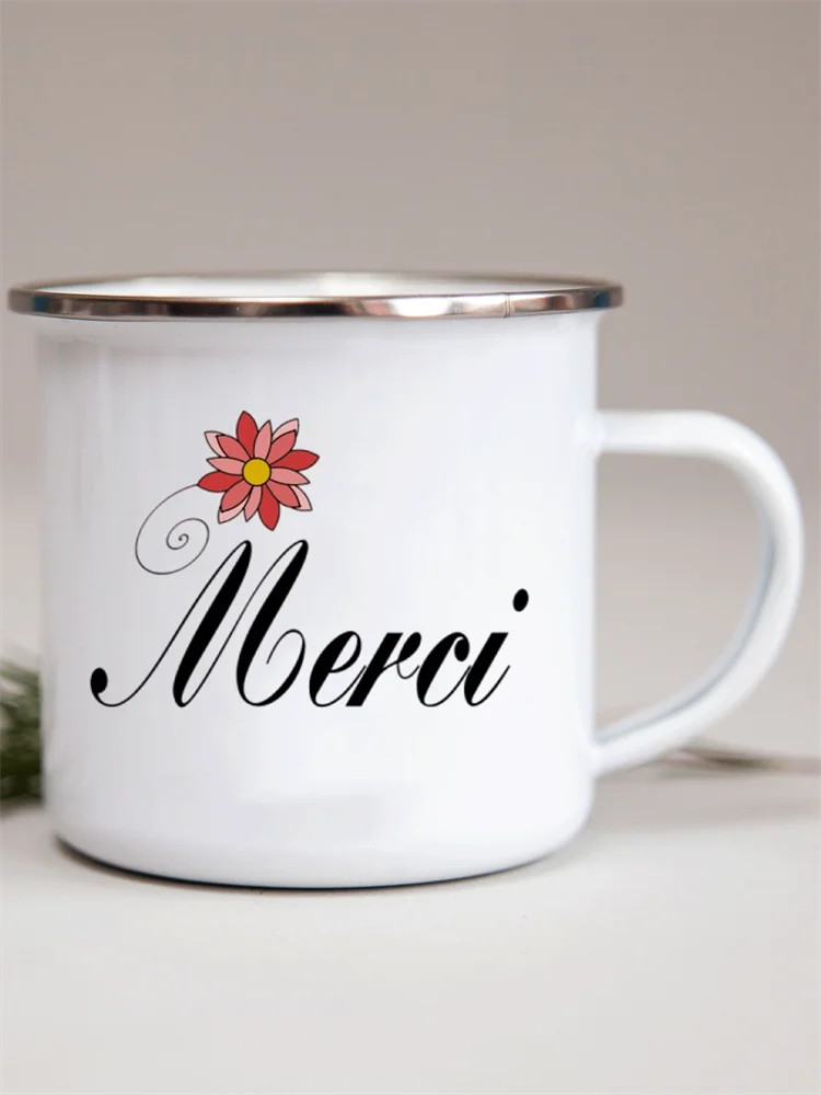 French Flower Printed Enamel Mugs Creative Coffee Mug Milk Wine Beer Drink Juice Cup School Home Handle Drinkware Teacher Gifts