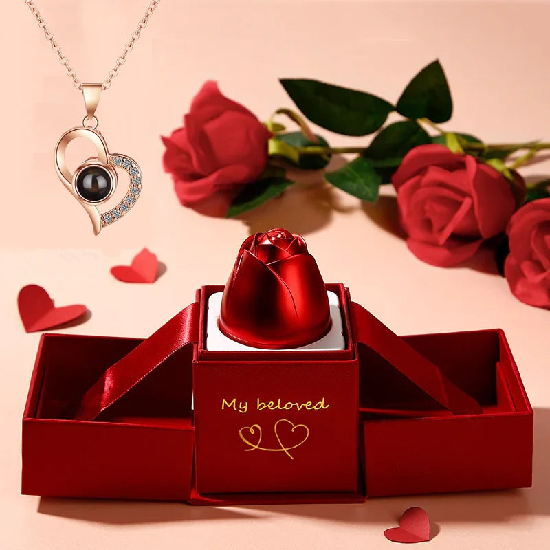 I Love You Necklace With Rose Gifts Box 100 Languages Projection Pendant Jewelry For Girlfriend 2023 New In Romantic Accessories