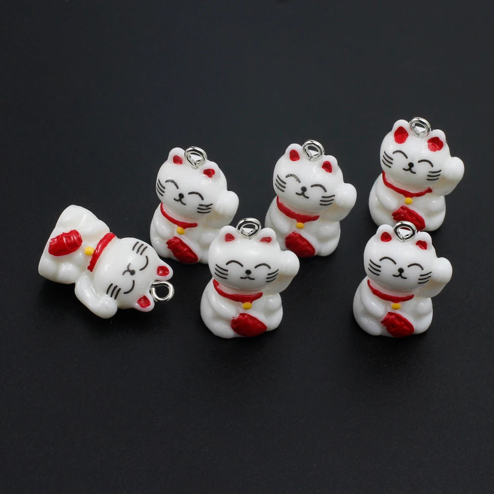 10pcs Cute Lucky Cat Resin Charms Kawaii Cartoon Animal Cats Pendants for Earrings Necklace Keychain Diy Jewelry Making Supplies