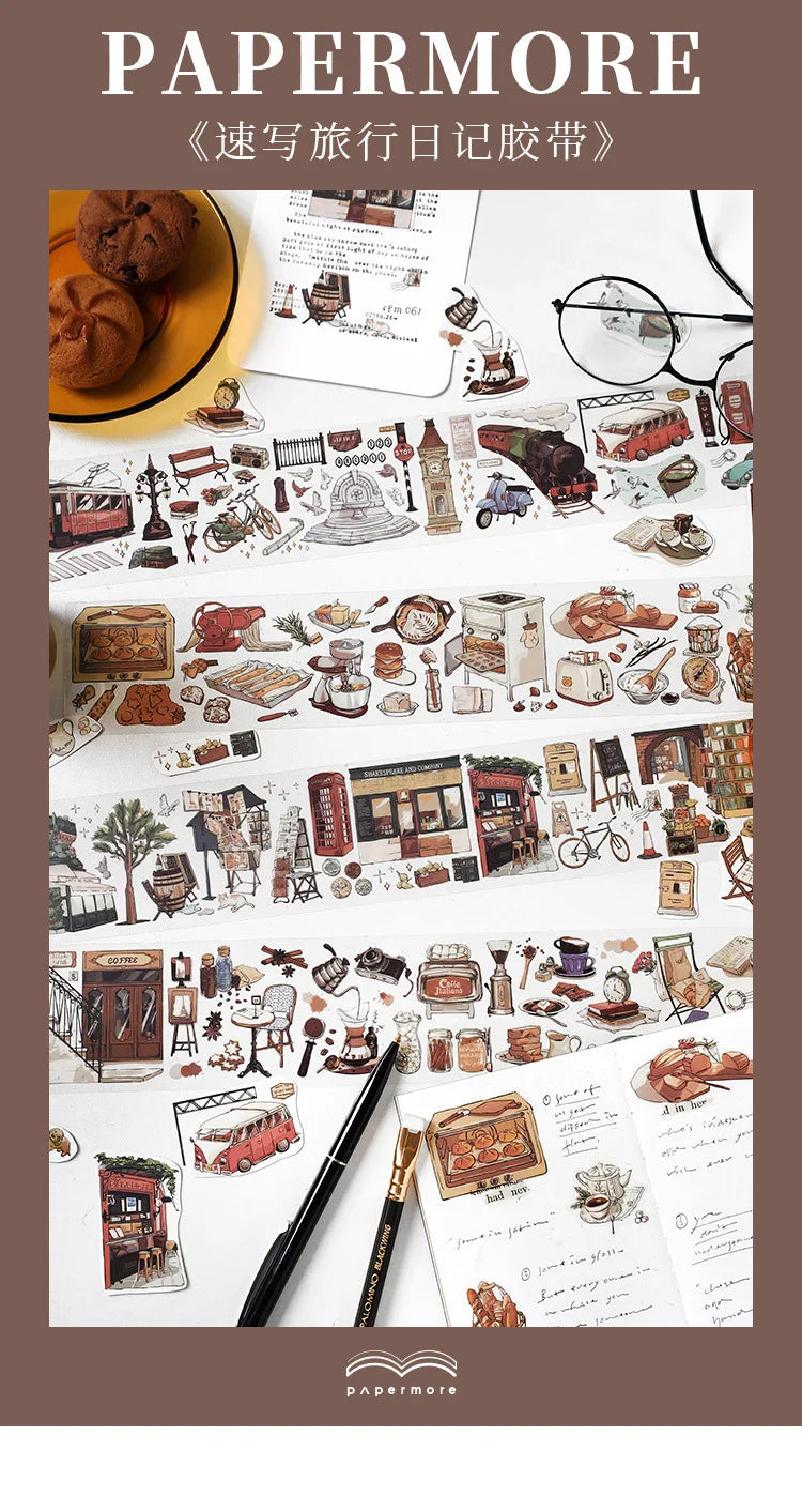 Travel Journey Memory Washi Masking Tape Coffee Shop City Street View Decorative Stickers Diy Label For Scrapbooking Diary Album