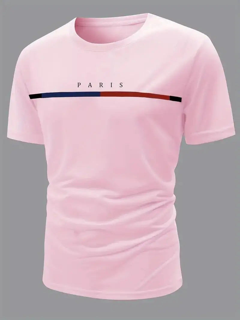 Paris Theme Pattern Print Men's Comfortable Cotton T-shirt, Pattern T-shirt Men's Summer Wear, Men's Clothing