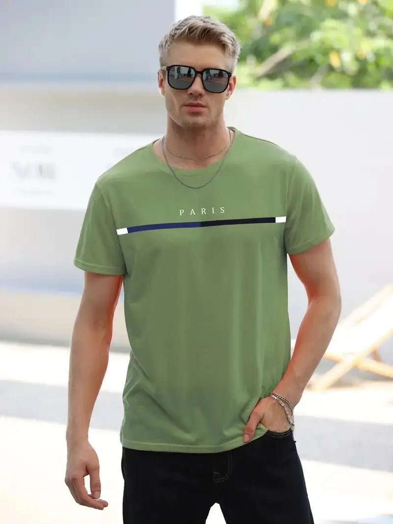 Paris Theme Pattern Print Men's Comfortable Cotton T-shirt, Pattern T-shirt Men's Summer Wear, Men's Clothing