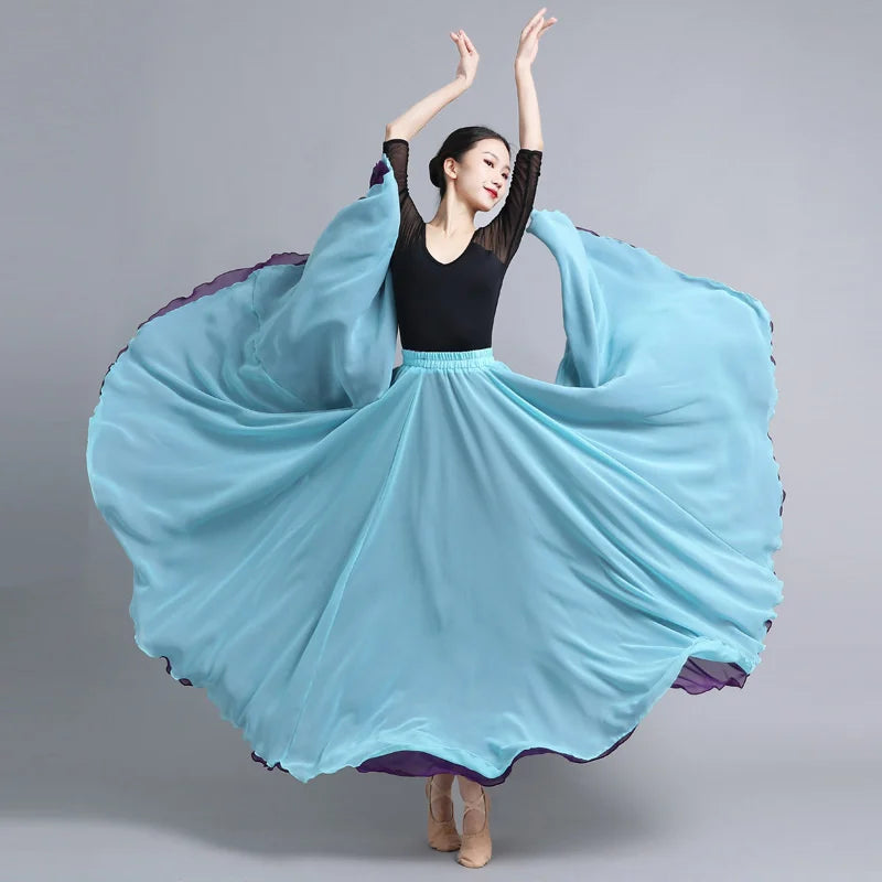 Flamenco Chiffon Dance Skirt for Women 720 Degrees Solid Color Long Skirts Dancer Practice Wear Chinese Style Skirt with Big Hem