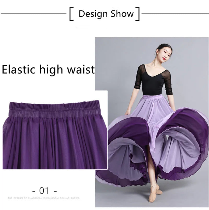 Flamenco Chiffon Dance Skirt for Women 720 Degrees Solid Color Long Skirts Dancer Practice Wear Chinese Style Skirt with Big Hem
