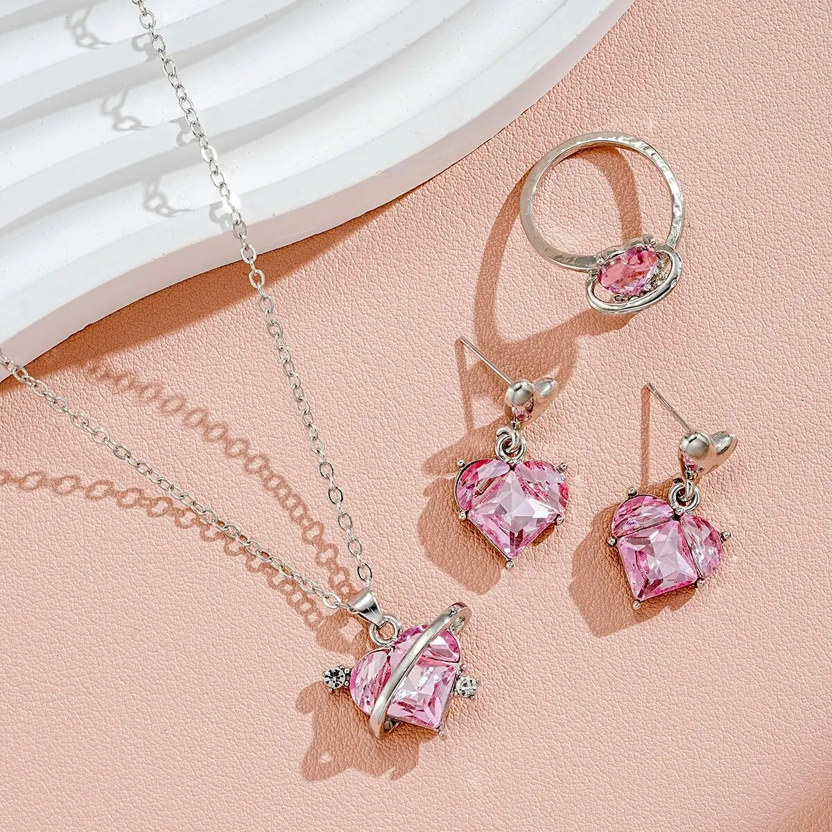 4 Pieces Love Pink Diamond Sweet Earrings Necklaces And Rings Jewelry Set Lightweight And Versatile For Women Mother's Day Gifts