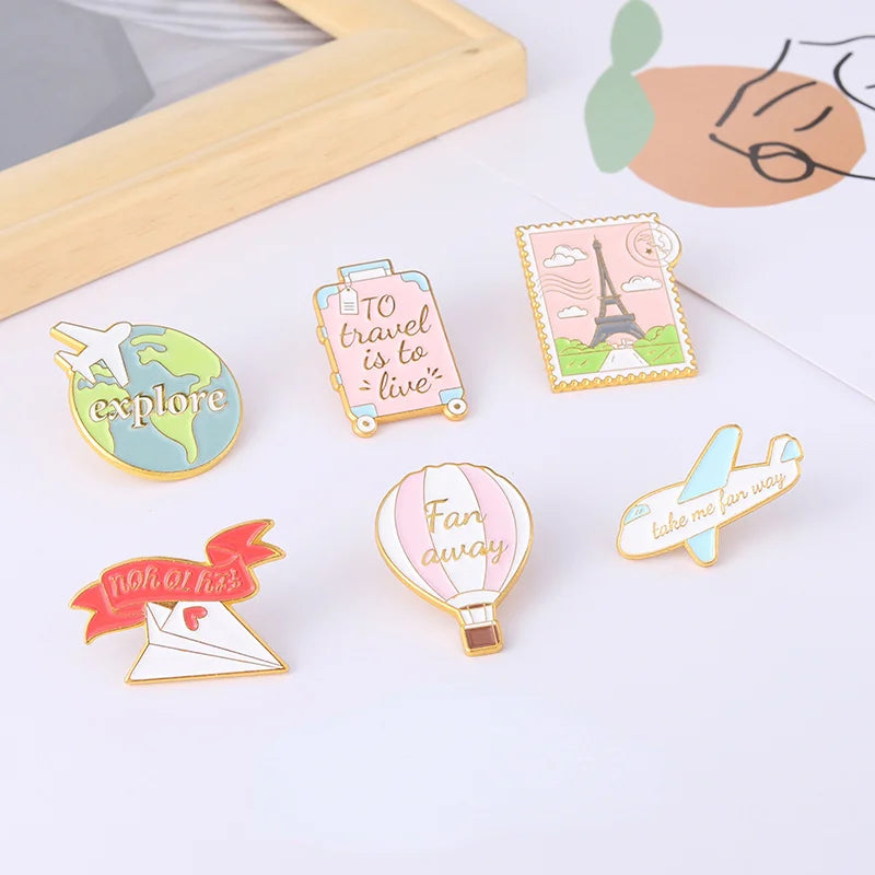 Traveling Quote Enamel Pin World Eiffel Tower Suitcase Brooches Clothes Badge Lapel Jewelry Gifts For Traveling Friend Wholesale