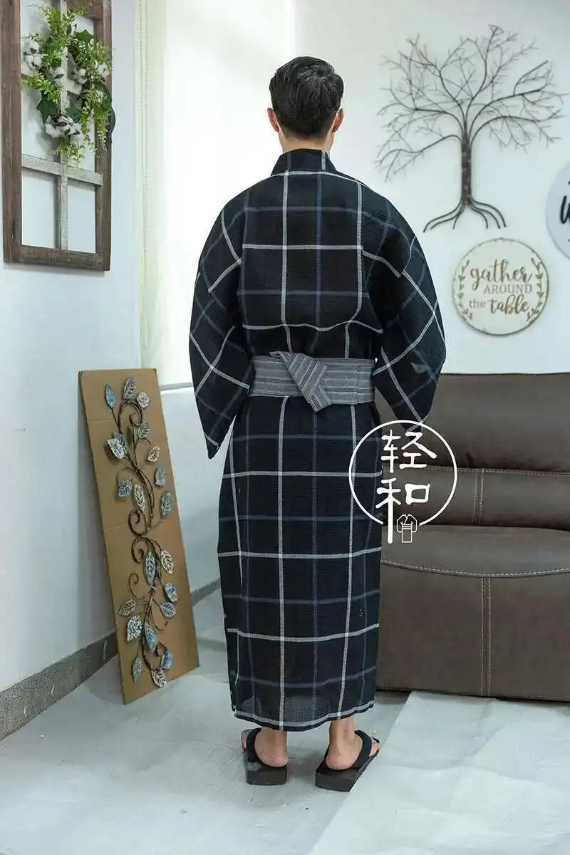 Traditional Japanese KIMONO Fashion YUKATA Summer Men Long Robes With Belt 95% Cotton Pajamas Set Male Sleepwear Bathrobe