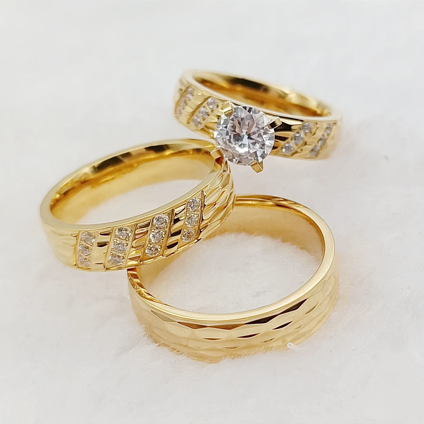 Wedding Rings Sets For Men And Women 3pcs Unique Designer Hammered 24k Gold Plated Jewelry cz Diamond Couples Engagement Ring
