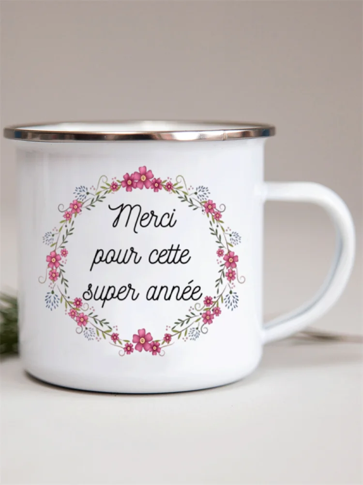French Flower Printed Enamel Mugs Creative Coffee Mug Milk Wine Beer Drink Juice Cup School Home Handle Drinkware Teacher Gifts