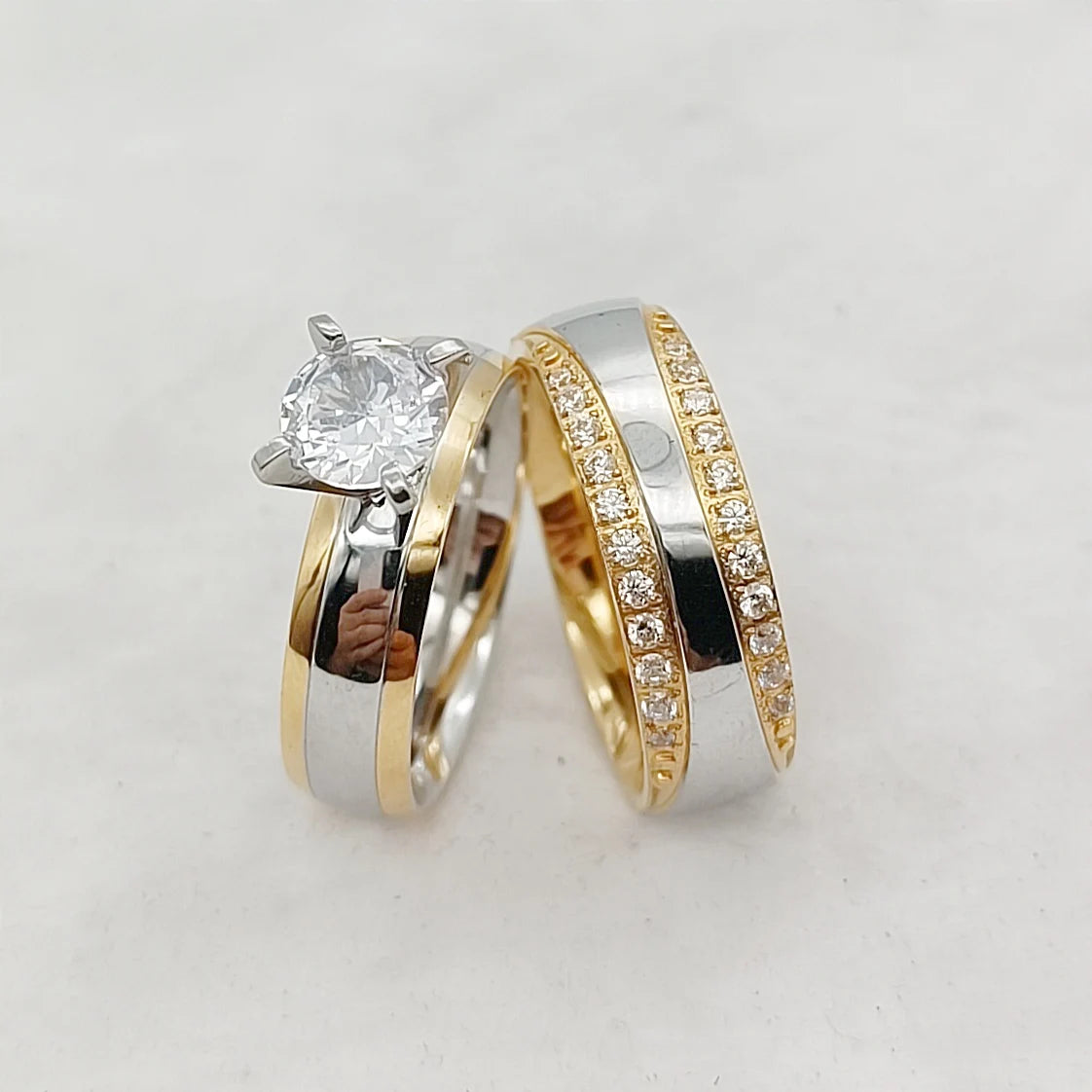 24k Gold Filled 316L Stainless Steel Jewelry Cz Diamond Wedding Rings Sets for Women Girls Ladies Engagement Statement Gifts