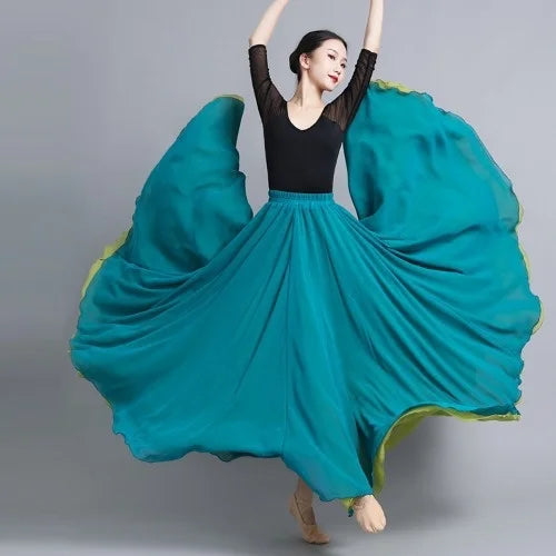 Flamenco Chiffon Dance Skirt for Women 720 Degrees Solid Color Long Skirts Dancer Practice Wear Chinese Style Skirt with Big Hem