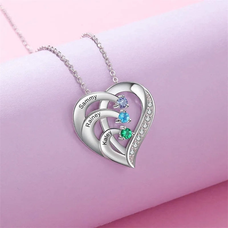 Personalized Birthstone Name Necklace for Women Custom Engraved Names Heart Necklace for Mom Wife Girlfriend Birthday Gifts