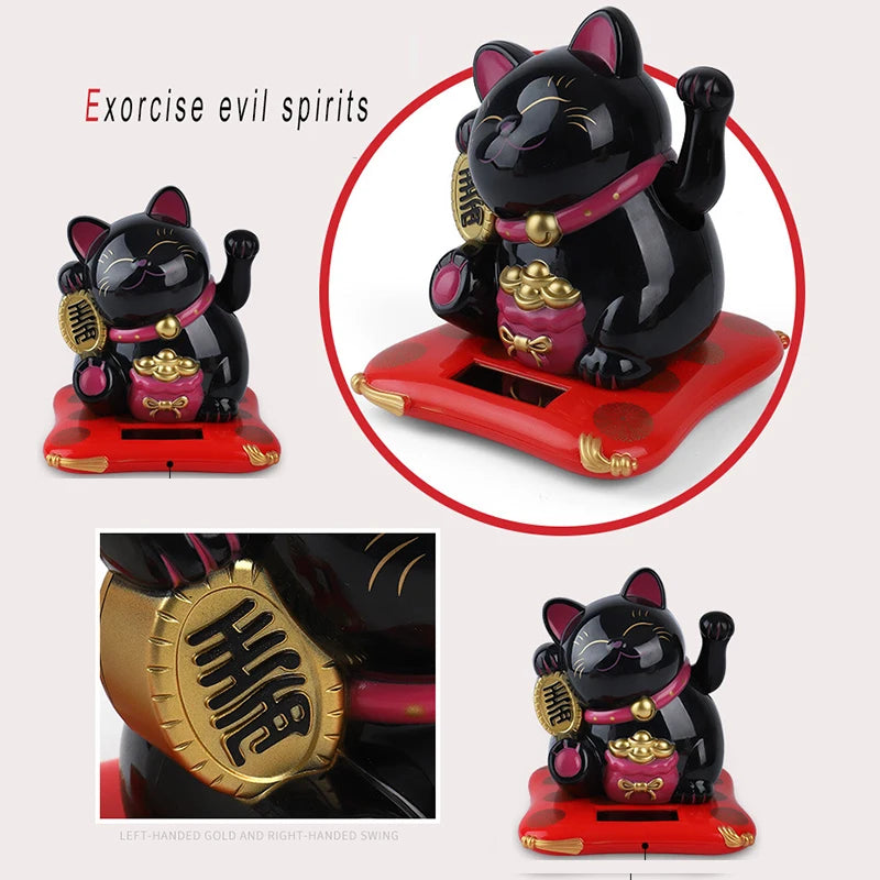 1pc Solar Powered Maneki Neko Lucky Cat Welcoming Chinese Lucky Cat Waving Hand Beckoning Fortune Cat Figurines For Home Decor