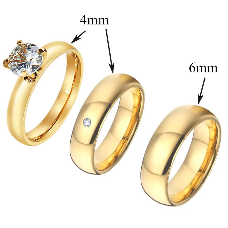 Wedding Rings Sets For Men And Women 3pcs Unique Designer Hammered 24k Gold Plated Jewelry cz Diamond Couples Engagement Ring