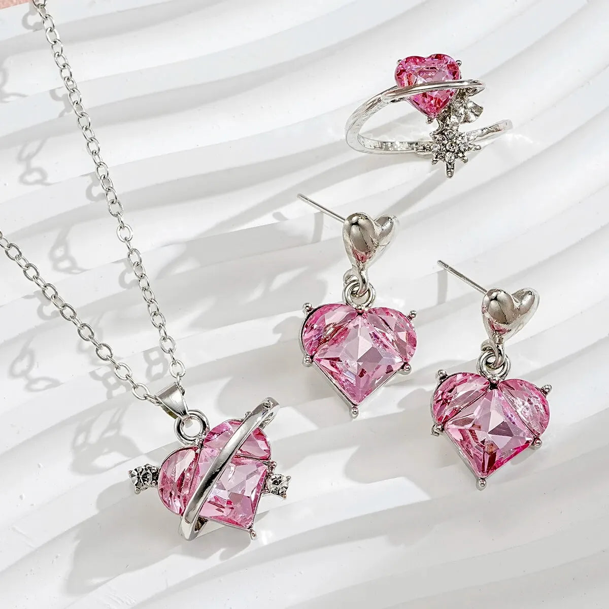 4 Pieces Love Pink Diamond Sweet Earrings Necklaces And Rings Jewelry Set Lightweight And Versatile For Women Mother's Day Gifts