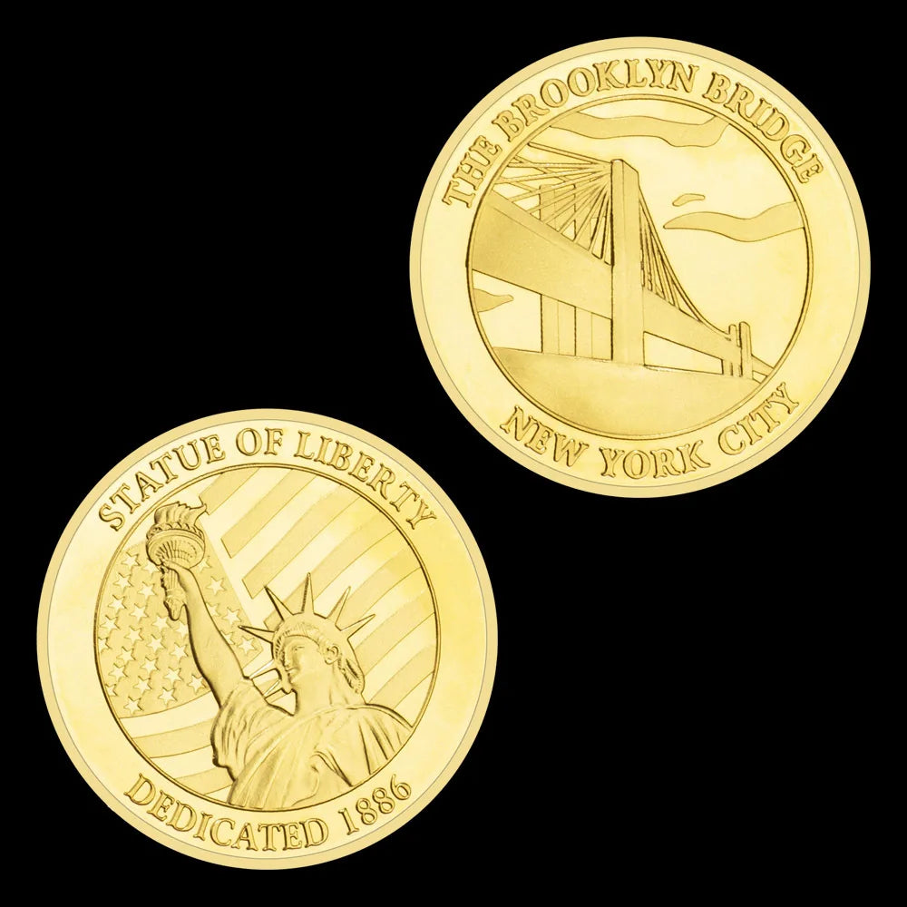 US Statue of Liberty Souvenir New York City The Brooklyn Bridge Pattern Golden Commemorative Coin Collectibles Liberty Coin