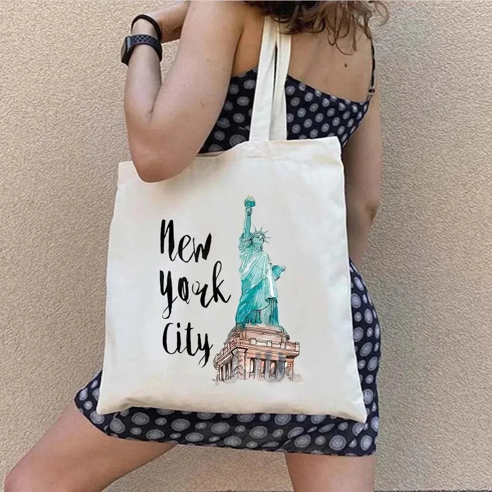 Paris Travel City Print Women Shoulder Bags Harajuku Canvas Shopping Bag Large Capacity Tote Handbag Reusable Eco Girl Handbags