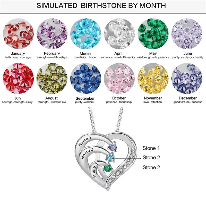 Personalized Birthstone Name Necklace for Women Custom Engraved Names Heart Necklace for Mom Wife Girlfriend Birthday Gifts