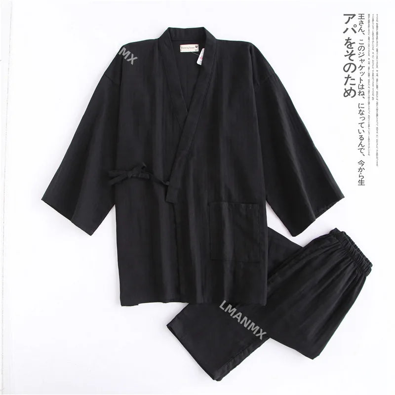 Japanese Style Kimono Cardigan Pants 2pcs Set Men's Nightwear Bathrobe Cotton Comfortable Home Suit Robe Sleepwear Daily Casual