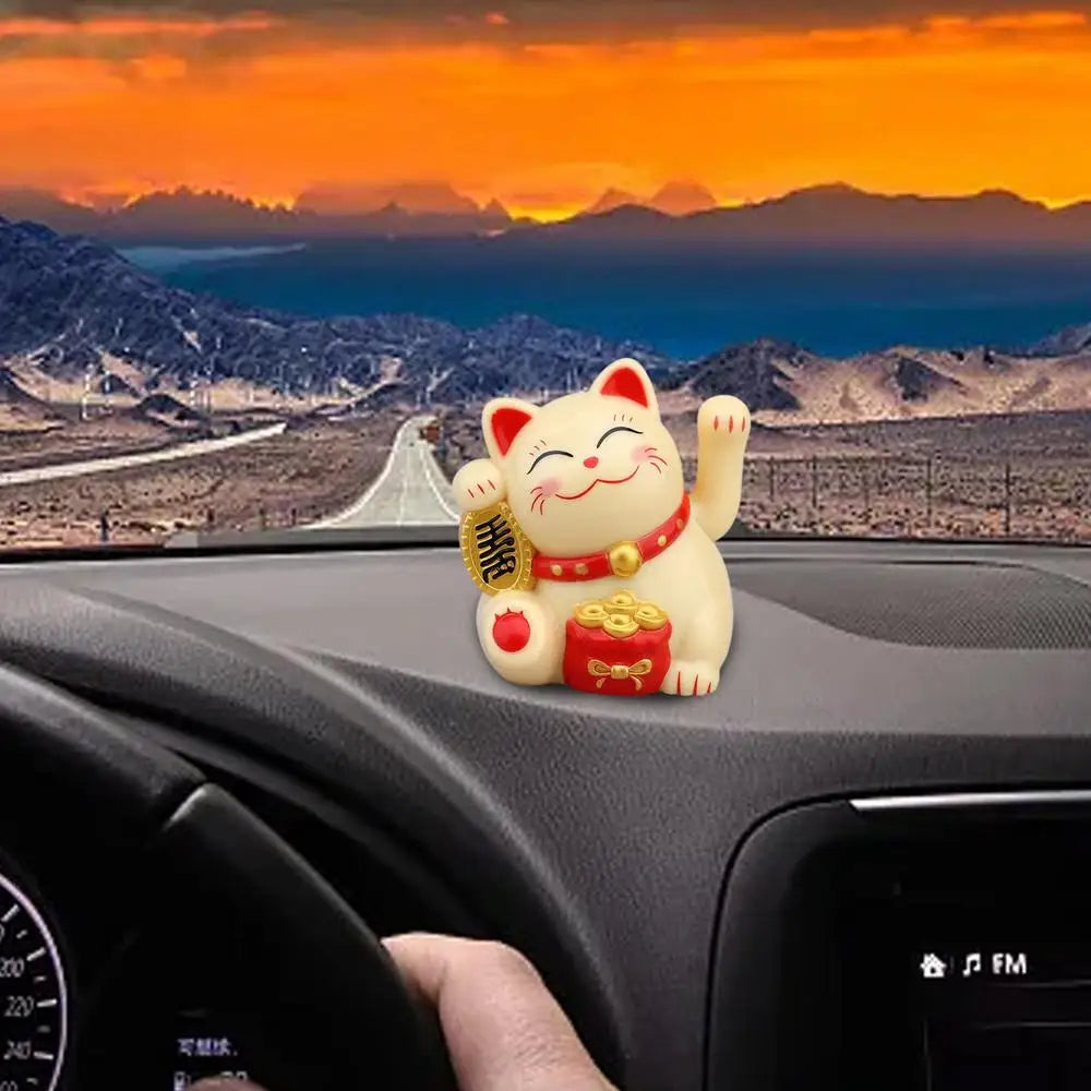 Solar Powered ManekiNeko Lucky Cat Welcoming Chinese Lucky Cat Waving Hand Beckoning Fortune Cat Figurines For Home Decor