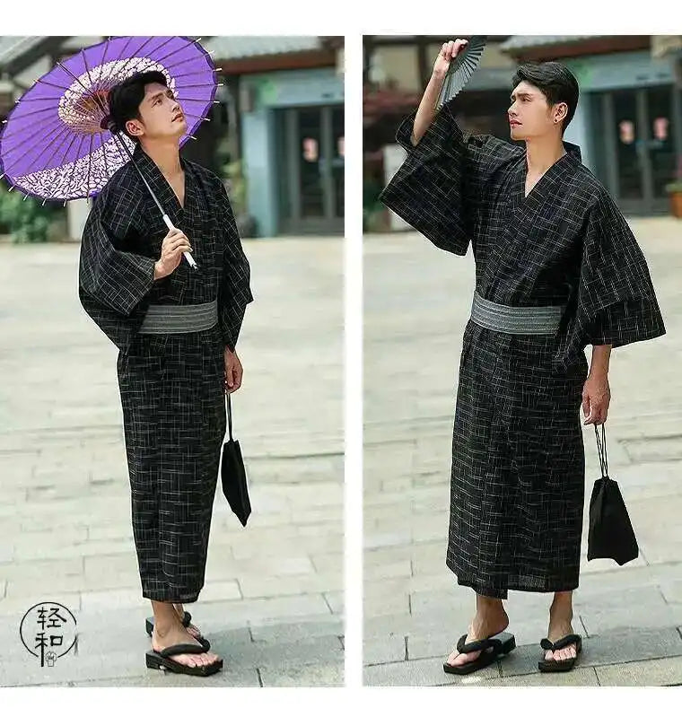 Traditional Japanese KIMONO Fashion YUKATA Summer Men Long Robes With Belt 95% Cotton Pajamas Set Male Sleepwear Bathrobe
