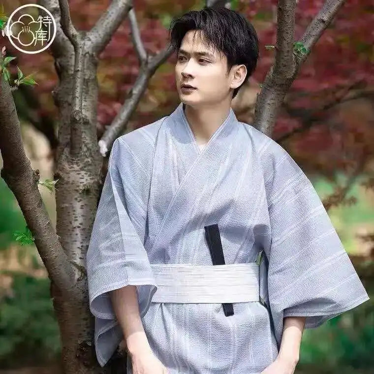 Traditional Japanese KIMONO Fashion YUKATA Summer Men Long Robes With Belt 95% Cotton Pajamas Set Male Sleepwear Bathrobe