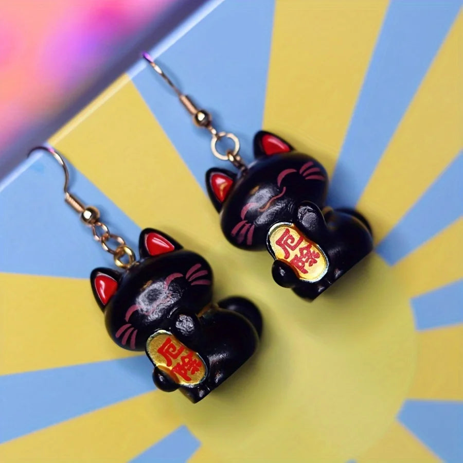 Kawaii Lucky Cat Hook Earrings - Lucky Resin Charm Jewelry, Cute Maneki Neko Earrings for Girls, Gift for Best Friend