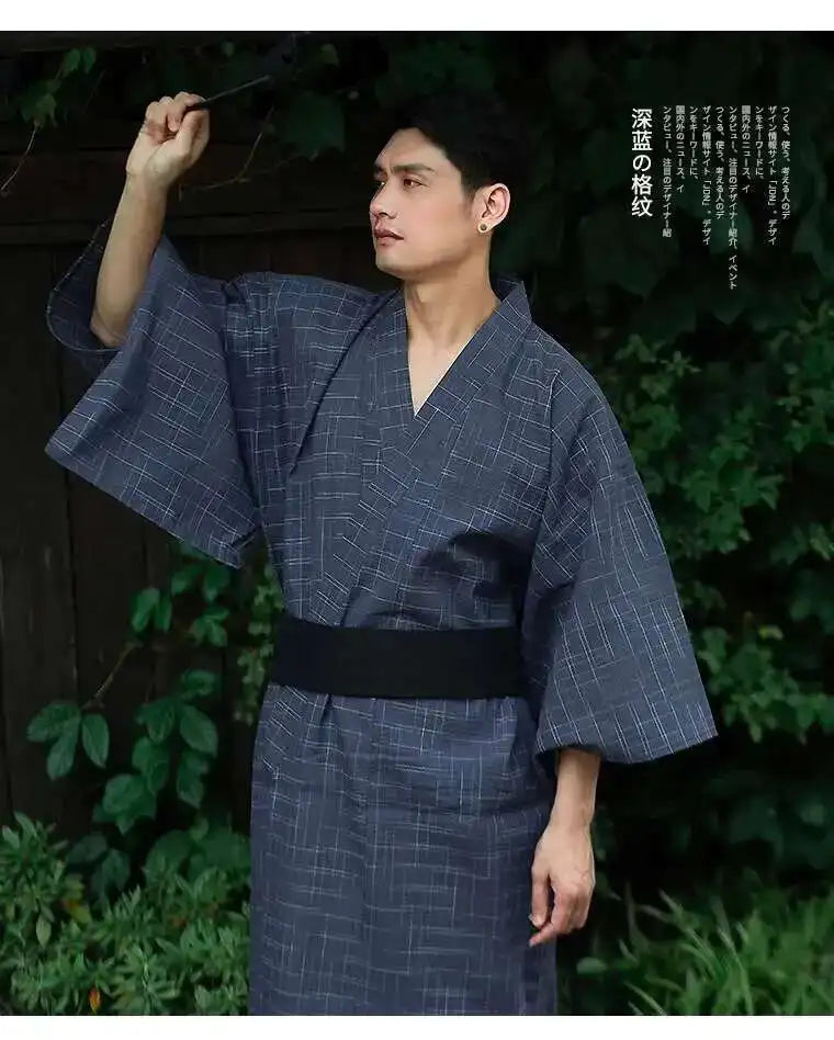 Traditional Japanese KIMONO Fashion YUKATA Summer Men Long Robes With Belt 95% Cotton Pajamas Set Male Sleepwear Bathrobe