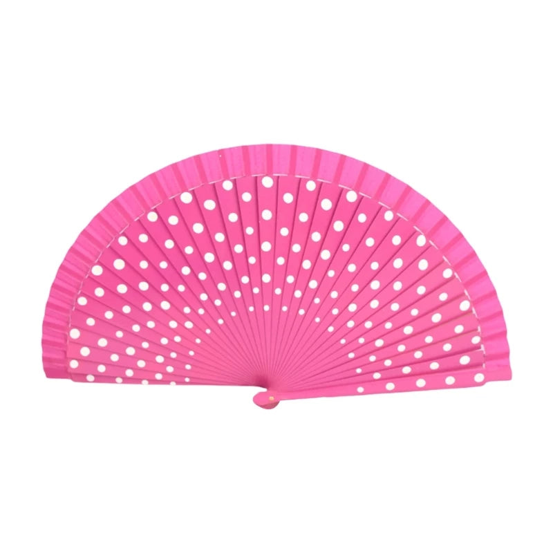 Flamenco Spanish Wood Folding Fan Dots Pattern Modern Classical Vintage Wood Hand Fan for Dance Perfornamnces Party