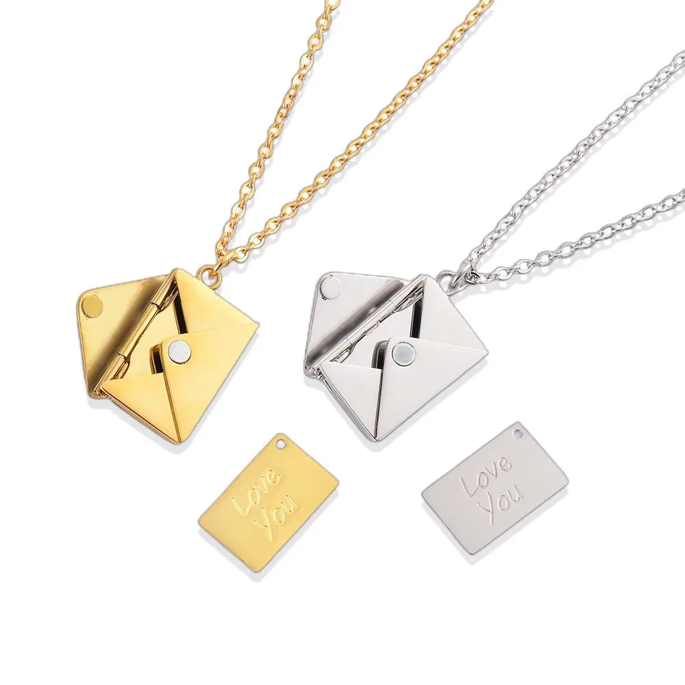 Envelope Love Letter Necklace for Women Stainless Steel Love You Gift Message Engraved Jewelry Pendant Couples and Family